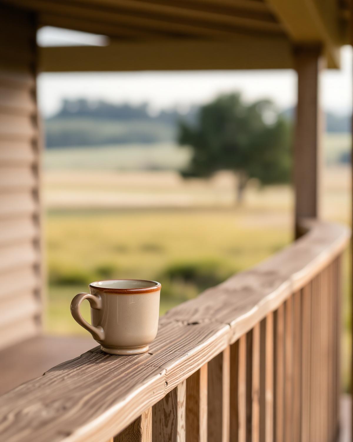 Two ceramic coffee cups on the porch rail in morning light