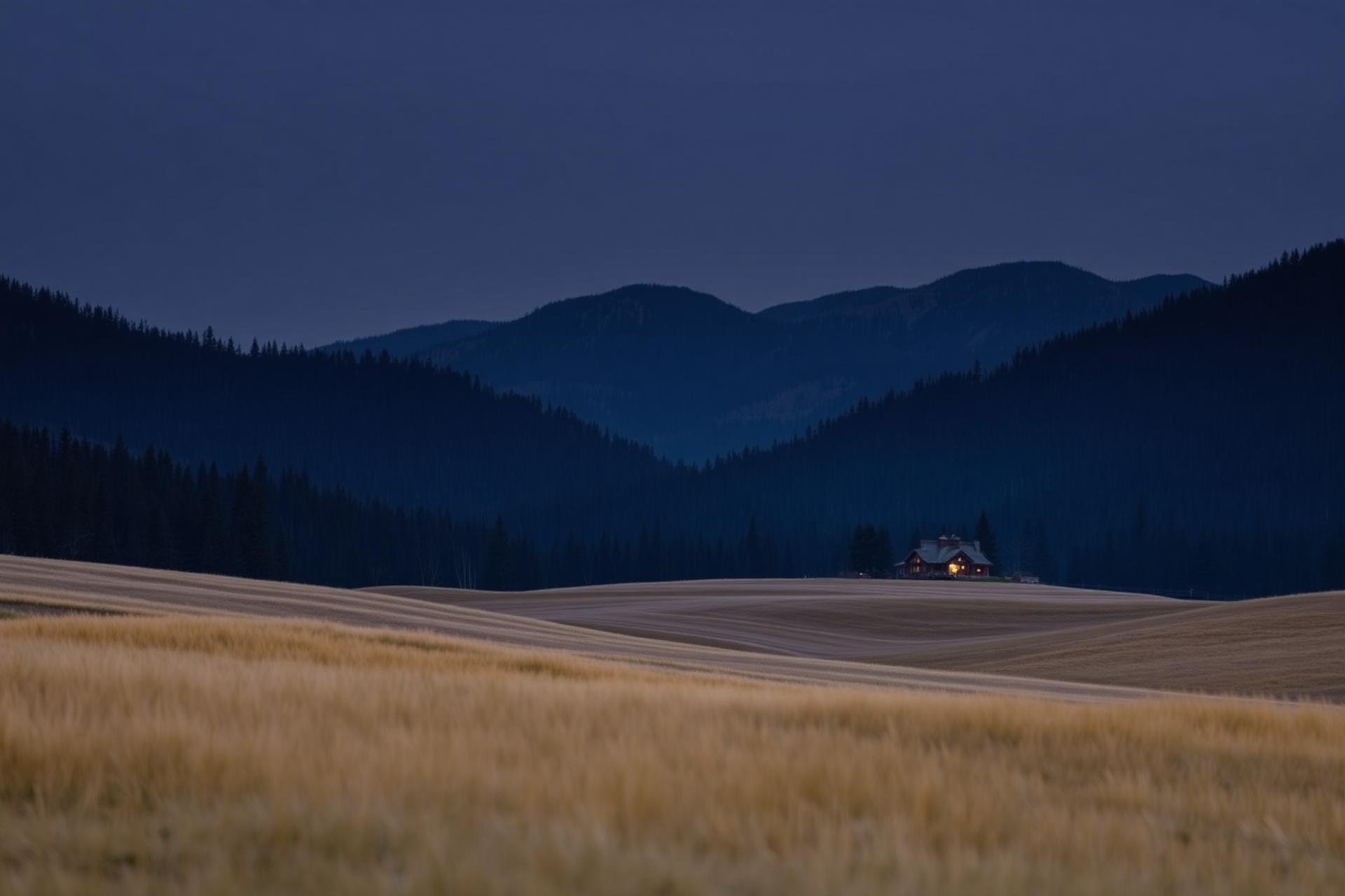 Dusk settling over a private ranch valley in northern Idaho, with warm lights glowing from a distant house