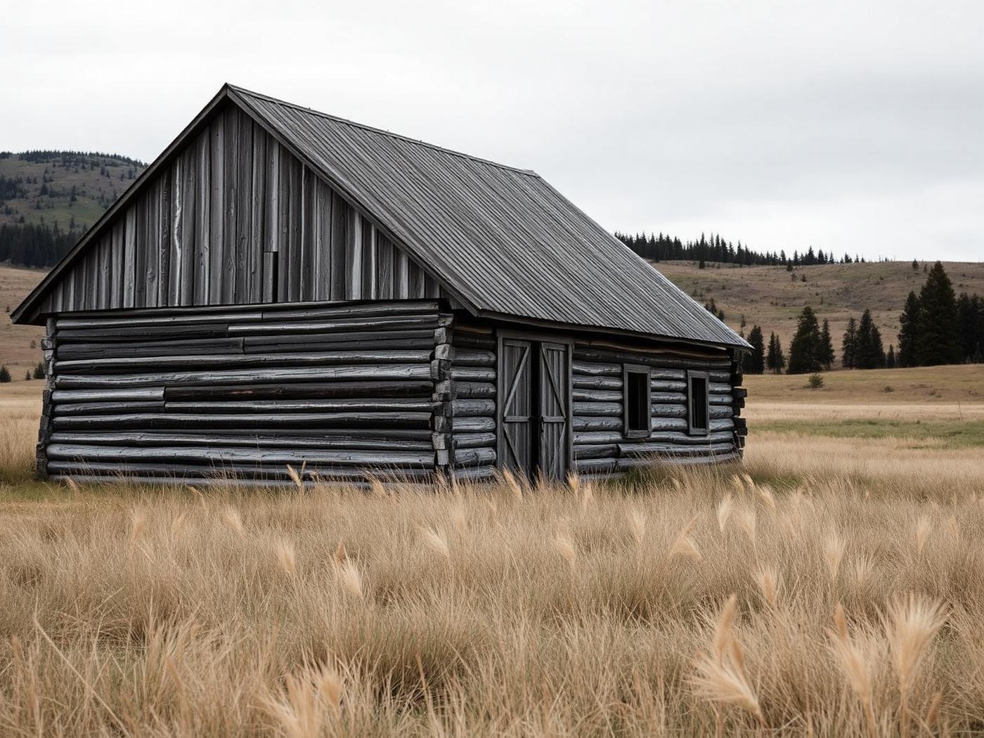 A weathered timber outbuilding standing in tall meadow grass