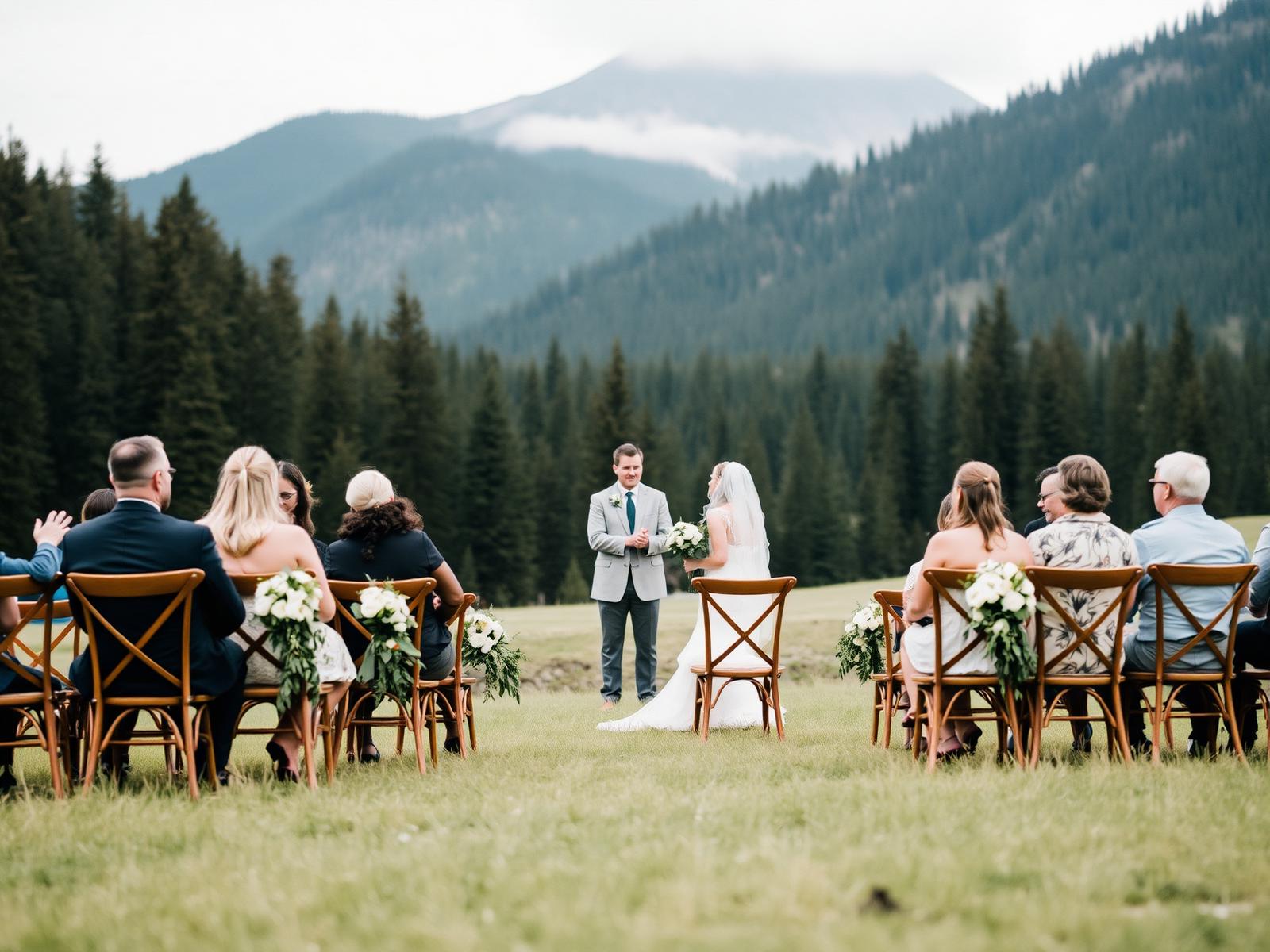 An intimate wedding ceremony set in the meadow with forested mountains behind